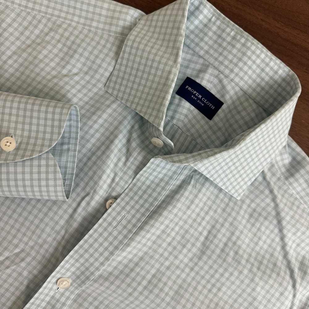 Proper Cloth Dress Shirt Green Gingham Check Cotton Button Front Business Men 16
